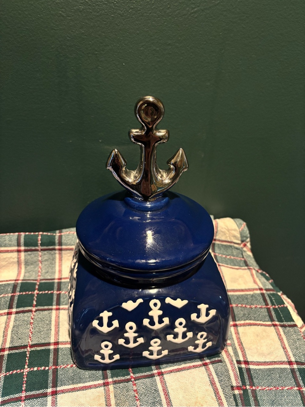 Blue Nautical Anchor Ceramic Jar with Silver Finial
